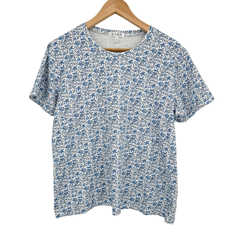 LAKE Pajamas Womens XL Blue White Floral Pima Cotton Short Sleeve Sleep Shirt